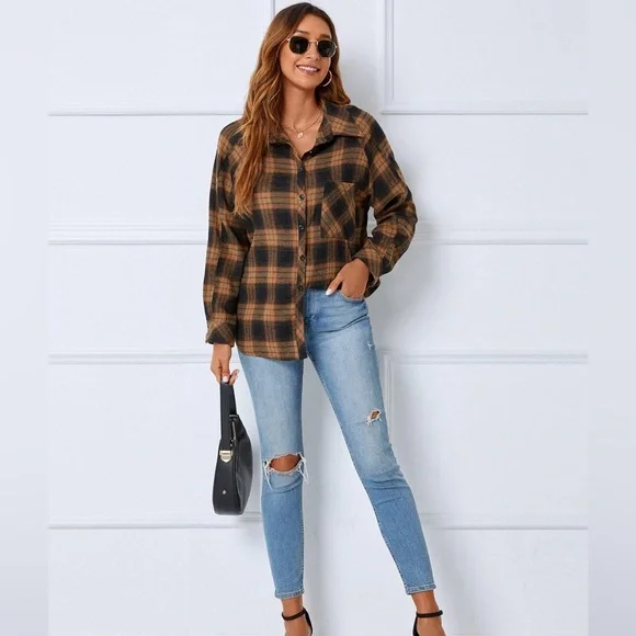 Blooming Jelly Long Sleeve Flannel Plaid Top Casual Fall Shacket Size Large - Picture 4 of 8